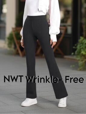 WRINKLE-FREE nwt zipper pocket High-Waisted Black FLATE Pants Stretch